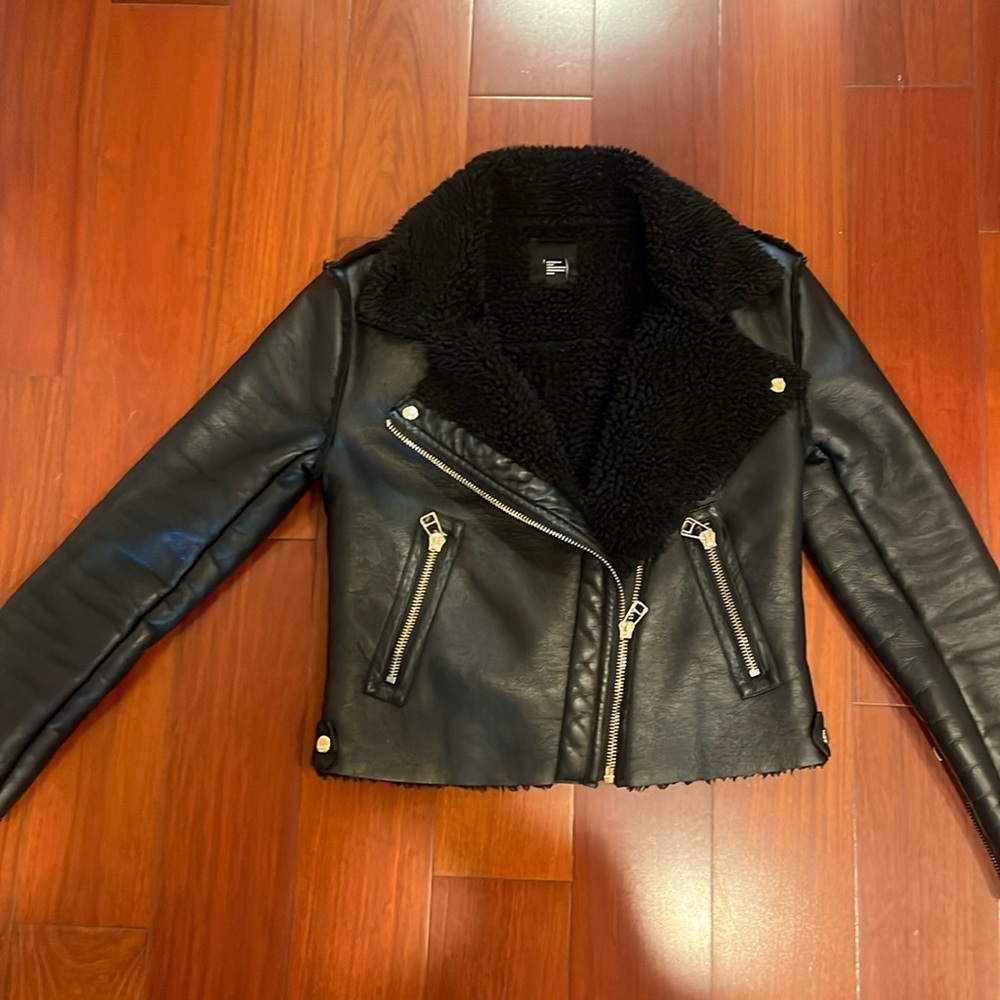 Black fur vegan leather Moto jacket